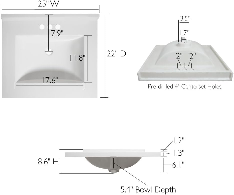 Design House Camilla II Vanity Top, Cultured Marble, Centerset Mount, Integrated Backsplash, Stain Resistant, Rectangle Bowl, White, 22 in D x 22 in W x 8.6 in H, Item 630210