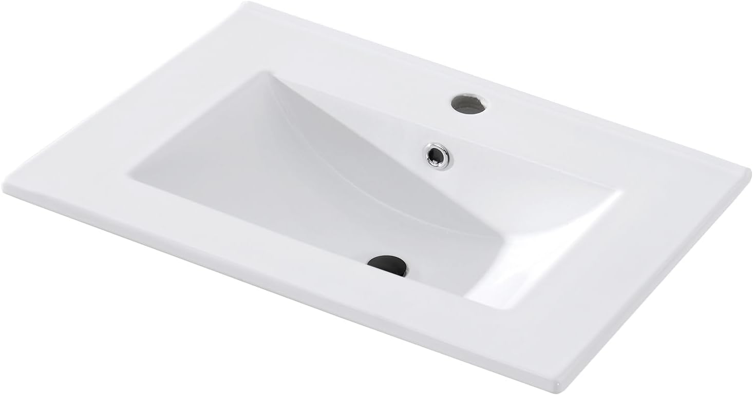 24 in. W x 18.3 in. D Bathroom Undermount Ceramic Sink Top W/One Hole, Drop in Bathroom Vessel Sink Rectangle, Without Matte Black Faucet & Pop up-Drain, for Bathrooms, White