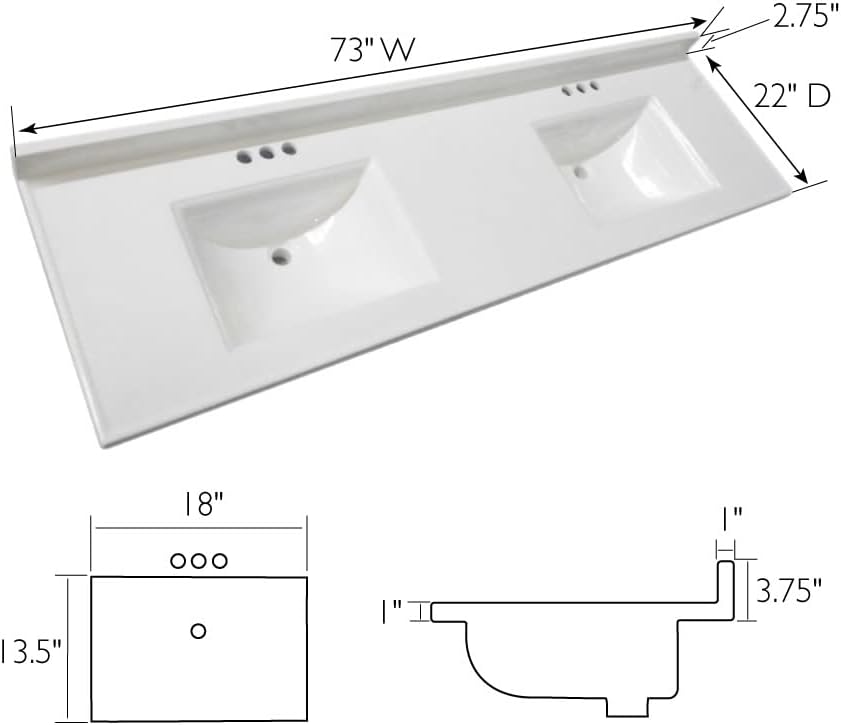 Design House Camilla 73 in. Cultured Marble Centerset Mount Rectangle Double Bowl Vanity Top with Integrated Backsplash, Solid White – Design House, 563510-WHT