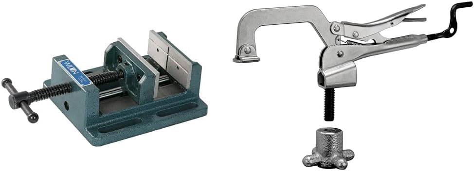 Wilton Low-Profile Drill Press Vise, 4' Jaw Width, 4' Jaw Opening, 1-1/2' Jaw Depth (Model LP4) & Strong Hand Tools PTTD634 Drill Press Clamp with Crank Handle, Quick-Set Hold Down Clamp