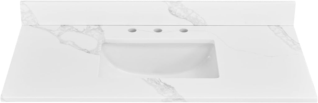 42 in. W x 22 in D Quartz Vanity Top in Calacatta Rocky, Vanity Sink Top with Assembled Single Drop-in Sink, Pre-Drilled Widespread Faucet Holes Countertop with 4' H Backsplash
