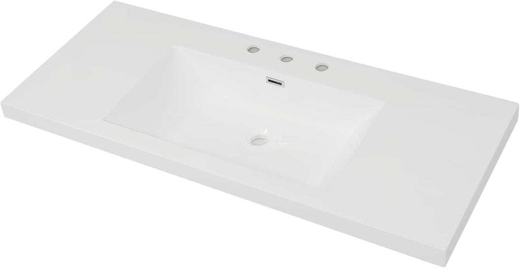 48' Bathroom Vanity Sink Top Only, Predrilled 3 Faucet Holes Fit for 8' Faucet(Not Included), Chrome-Finish Overflow,White