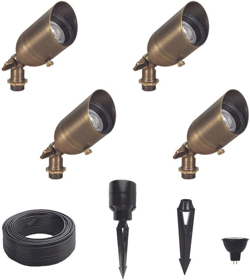 12V Brass Outdoor Spotlight 4-Pack Kit (Bronze) with 5W 2700K Warm White MR16 LED Bulbs for Low Voltage Landscape Lighting of Yard, Lawn, Garden, Patio, Trees & House
