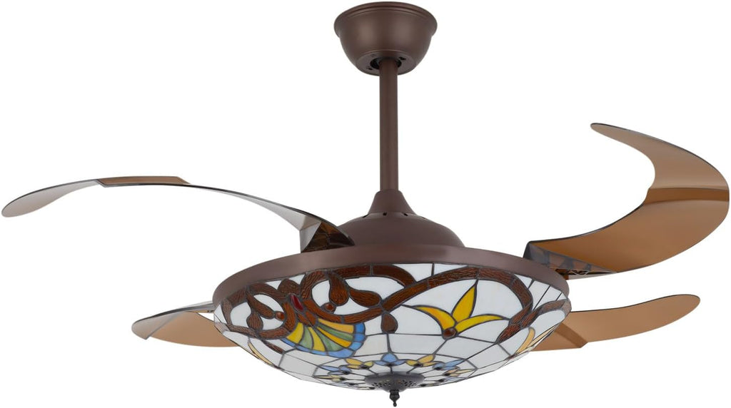 42'' Tiffany Ceiling Fan with Lights, Stained Glass Vintage Ceiling Fan Chandelier, 6 Speed Quiet Indoor Lighting Fixture Retractable Blades with Remote for Bedroom Living Room Hotel