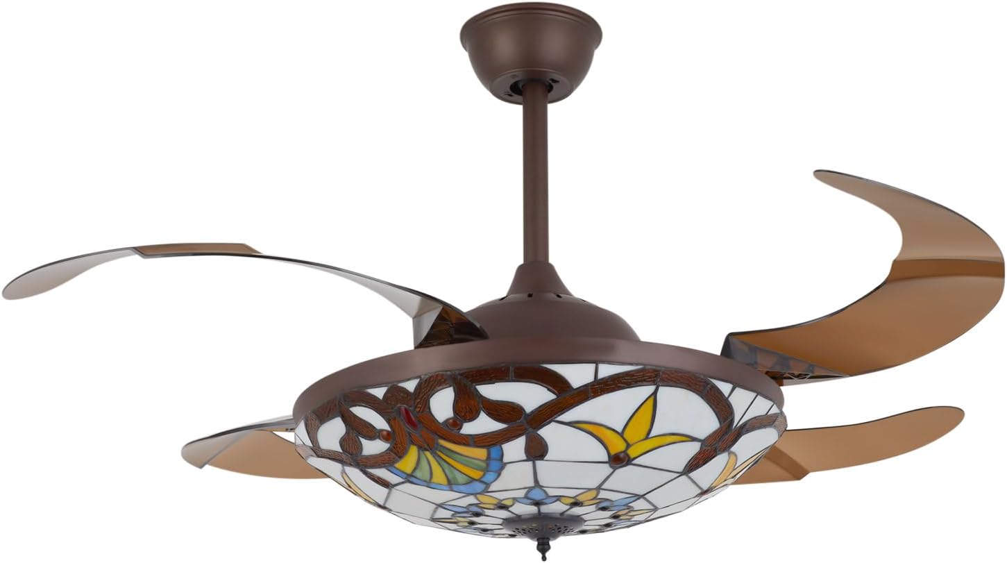 42'' Tiffany Ceiling Fan with Lights, Stained Glass Vintage Ceiling Fan Chandelier, 6 Speed Quiet Indoor Lighting Fixture Retractable Blades with Remote for Bedroom Living Room Hotel