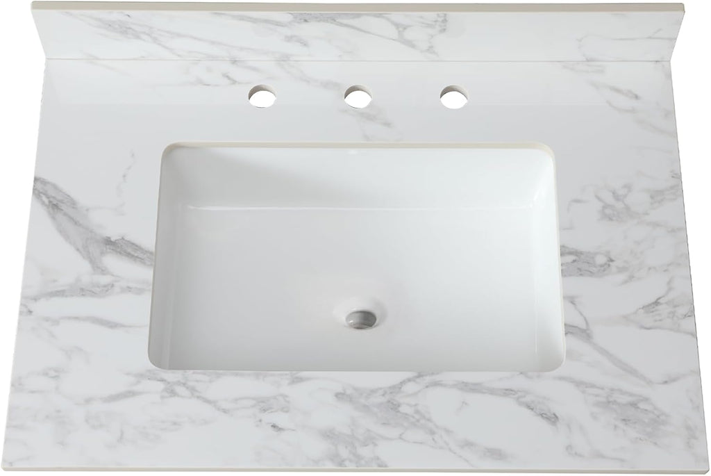 Montary 31'x 22' Bathroom Vanity Top with Undermounted Large Ceramic Sink & Backsplash, Sintered Stone Artificial Marble Vanity Sink Tops with 3 Pre-Drilled Hole, Carrara White
