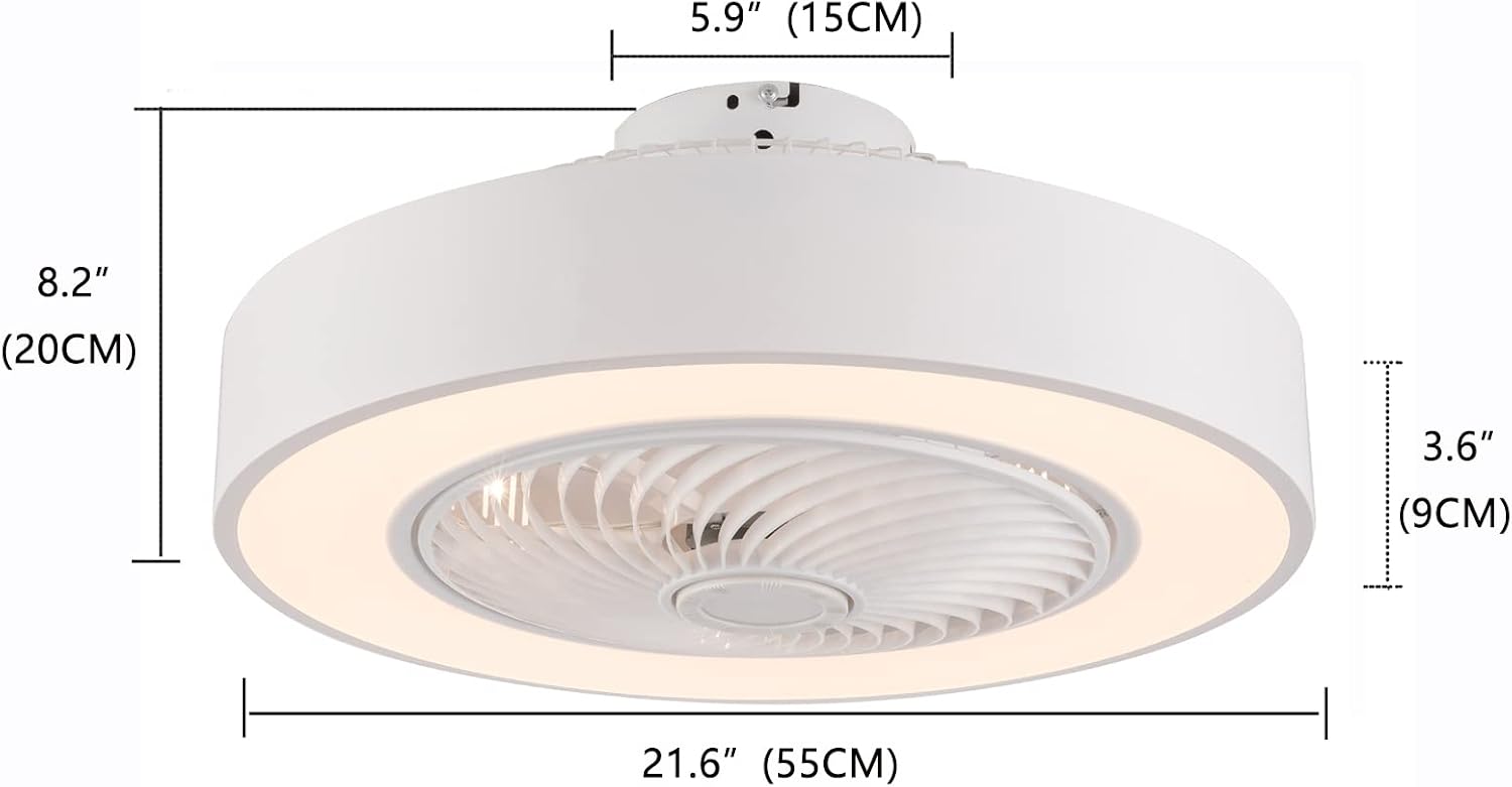 Ceiling Fan with Light Kit,22 Inch Modern LED Remote Control Semi Flush Mount Fandelier with Invisible Acrylic Blades,3 Colors 3 Speeds Changing,Enclosed Low Profile Fan (White)