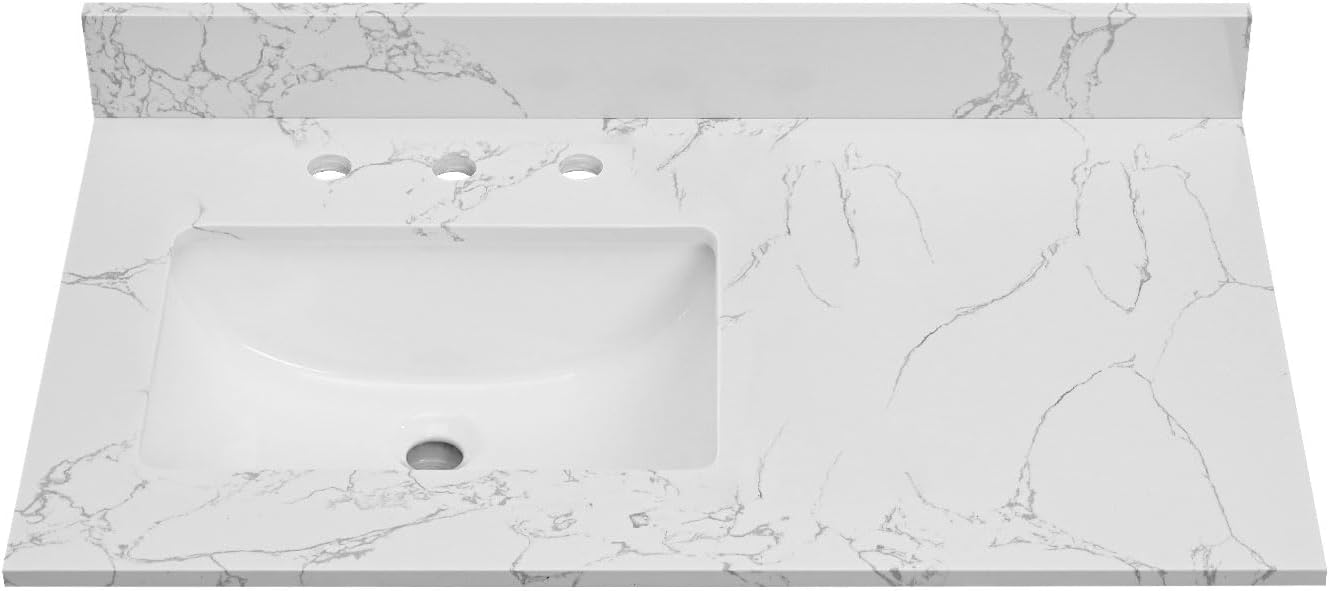 36 Inch Engineered Stone Bathroom Vanity Sink Top, with Undermount Rectangular Left Side Sink, Vanity Countertop with 8 inch Faucet Hole Spacing and Backsplash in Lightning White