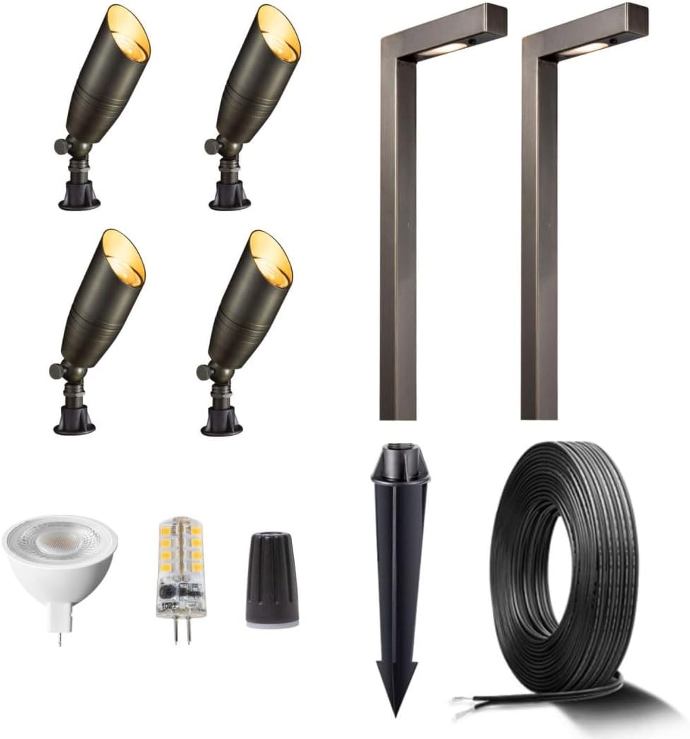 Gardenreet Brass 12V Landscape Lighting Kit (4 Spotlights, 2 Path Lights) with 100 Feet Cable and 20 Pack Wire Connectors for Outdoor House Garden Pathway Without Low Voltage Transformer
