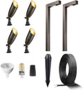 Gardenreet Brass 12V Landscape Lighting Kit (4 Spotlights, 2 Path Lights) with 100 Feet Cable and 20 Pack Wire Connectors for Outdoor House Garden Pathway Without Low Voltage Transformer