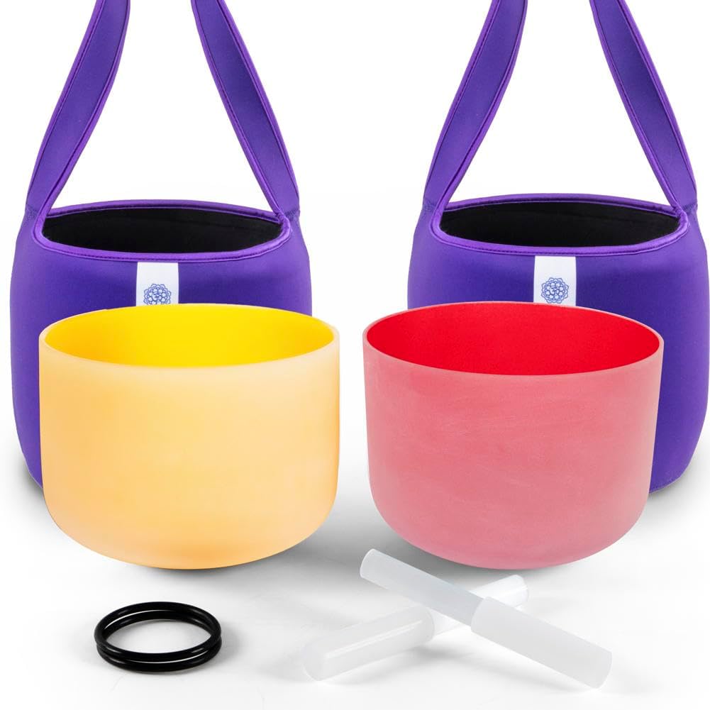 FMTY 10inch Crystal Singing Bowls set prefect pitch(±10HZ) Red(Root)+ Yellow(Solar Plexus) with Soft Carrying Bag Sound Bowls Chakra Bowl