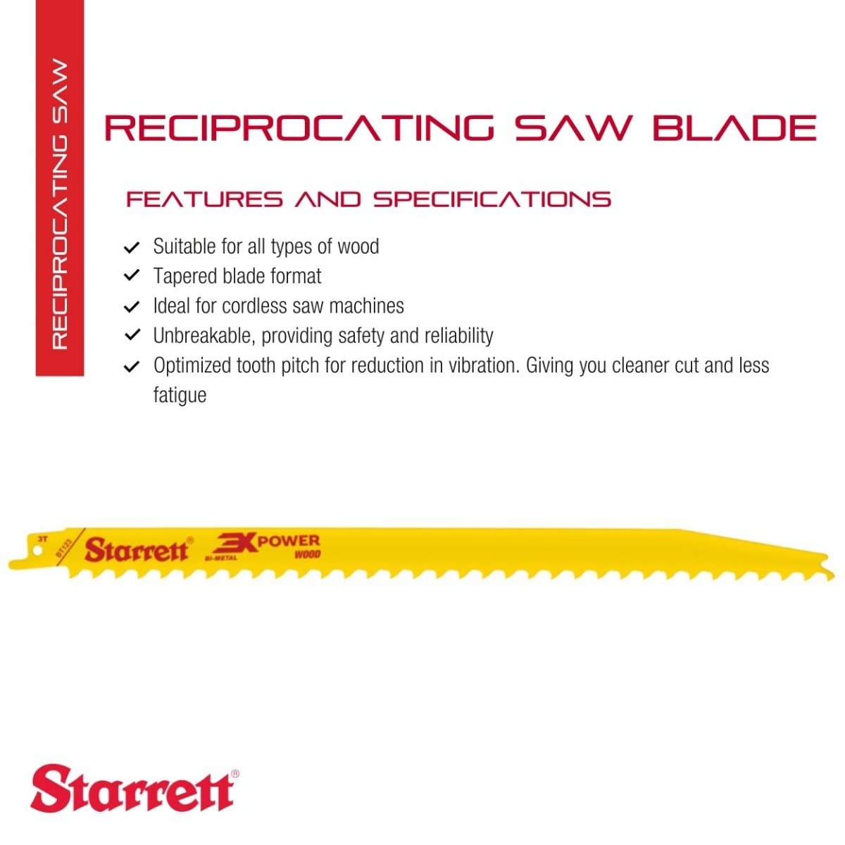 Starrett Bi-Metal Wood Cut Reciprocating Saw Blade - Ideal for Cordless Saw Machines - 12' Length, 3/4' Width, .050' Thickness, Tapered Blade, 3 TPI - 20-Pack - BT123-20