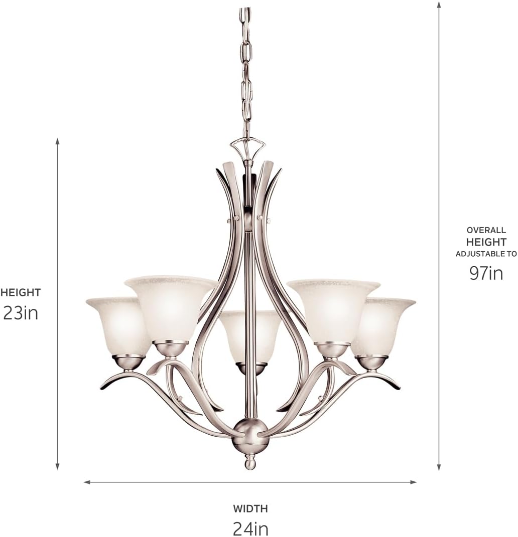 Kichler Dover 5-Light Chandelier with Etched Seeded Glass in Brushed Nickel, Transitional Dining Room or Foyer Light Fixture for High Ceilings (24' x 23'), 2020NI