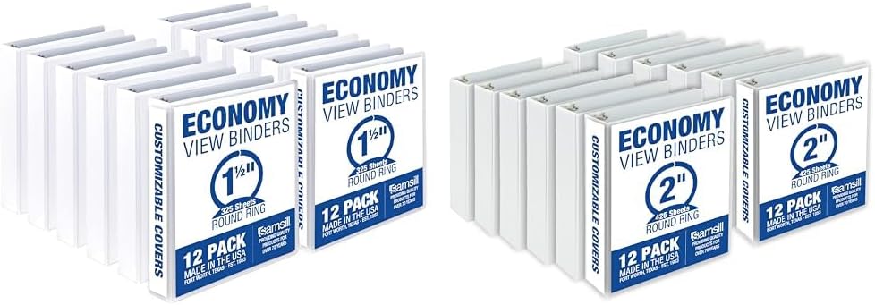 Samsill Economy 1.5 Inch and 2 Inch 3 Ring Binders with Clear View Covers, Made in USA, 12 Pack