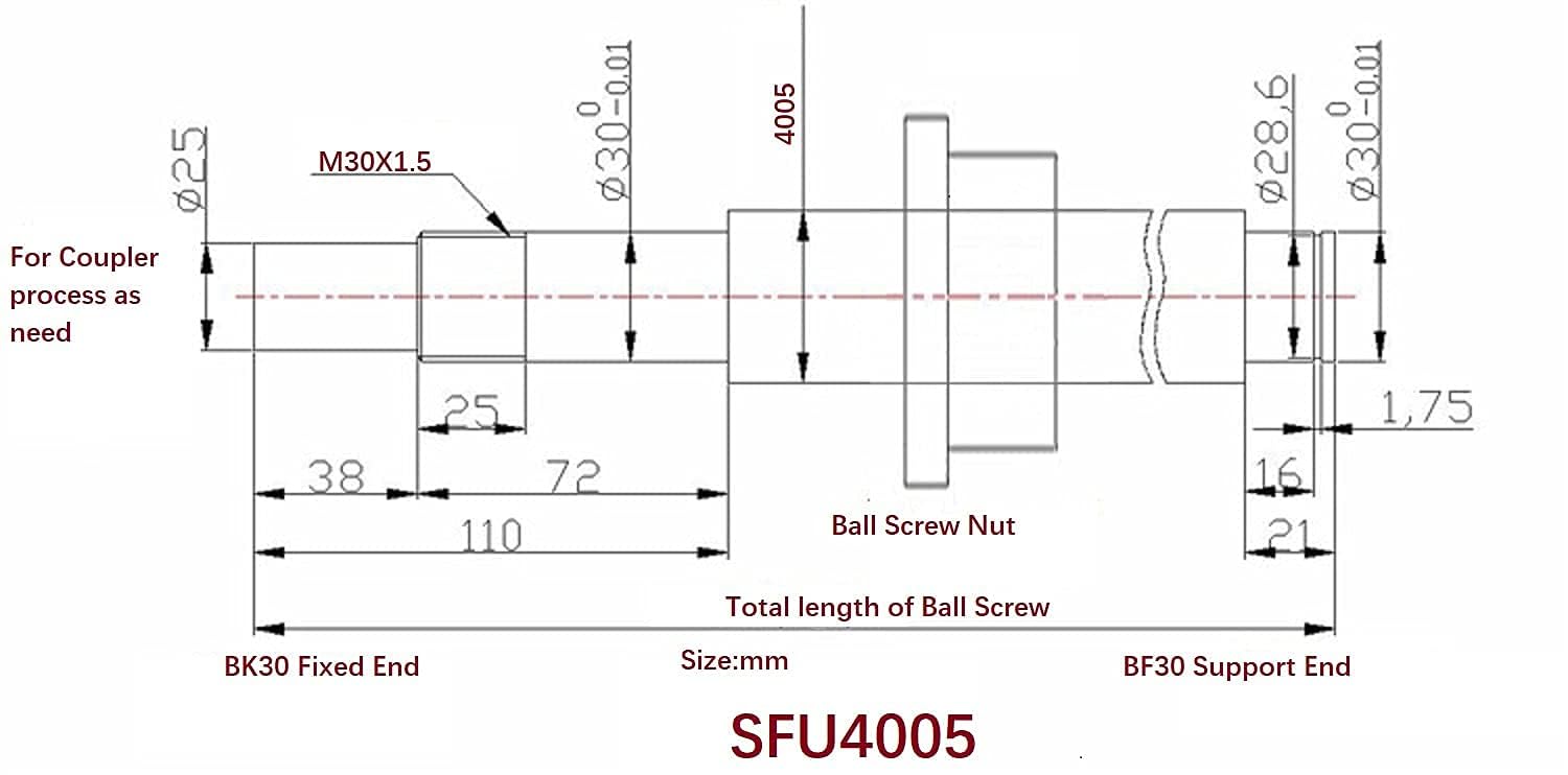 40mm Ballscrew Kit SFU4005 RM4005 Anti-Backlash Ball Screw, L 25.2 inch / 640mm 5mm Pitch + Ball Screw Metal Nut + BK/BF30 Bearing End Supports + Coupler + Nut Housing for CNC Machine