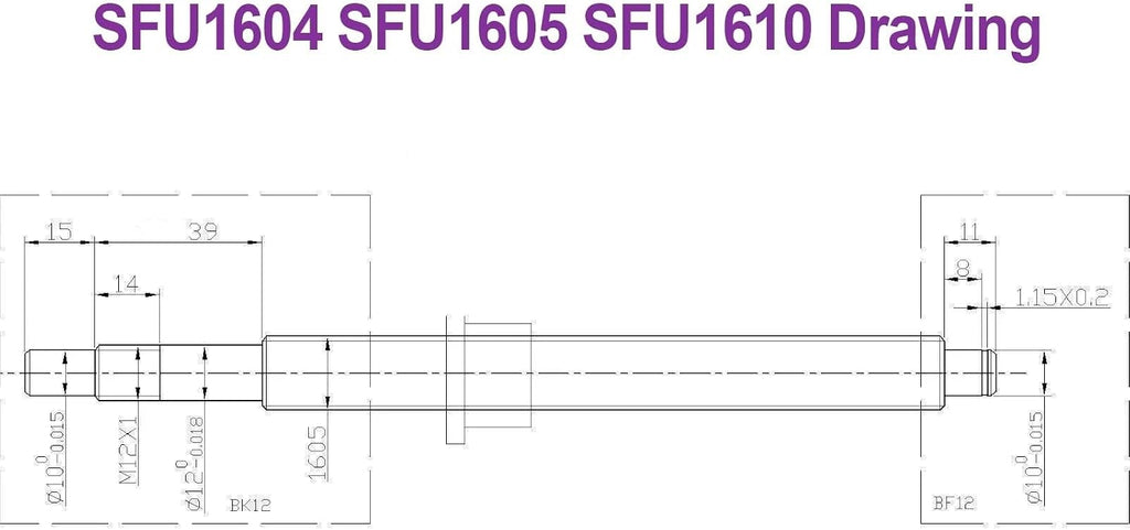 Ballscrew SFU1604 SFU1605 SFU1610 1000-1600mm Roller Screw with Single Ball Nut Dia 16mm Pitch 4mm 5mm 10mm 1Pcs(SFU1604 with nut,1050mm)