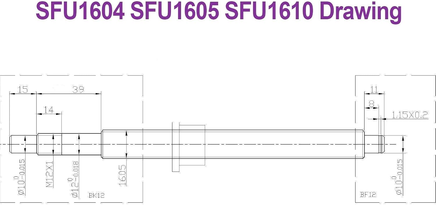 Ballscrew SFU1604 SFU1605 SFU1610 1000-1600mm Roller Screw with Single Ball Nut Dia 16mm Pitch 4mm 5mm 10mm 1Pcs(SFU1604 with nut,1050mm)