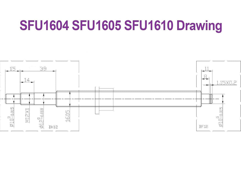 Ballscrew SFU1604 SFU1605 SFU1610 550-950mm C7 Roller Screw with Single Ball Nut Dia 16mm Pitch 4mm 5mm 10mm for CNC Parts 1Pcs(SFU1610 with nut,700mm)