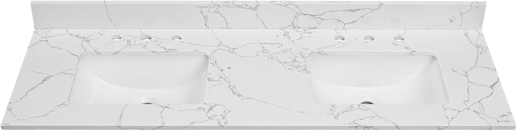 60 Inch Engineered Stone Bathroom Vanity Sink Top, with Undermount Rectangular Double Sinks, Vanity Countertop with 8 inch Faucet Hole Spacing and Backsplash in Lightning White