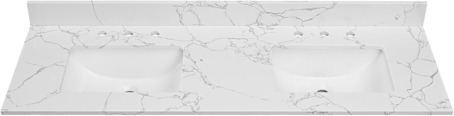60 Inch Engineered Stone Bathroom Vanity Sink Top, with Undermount Rectangular Double Sinks, Vanity Countertop with 8 inch Faucet Hole Spacing and Backsplash in Lightning White