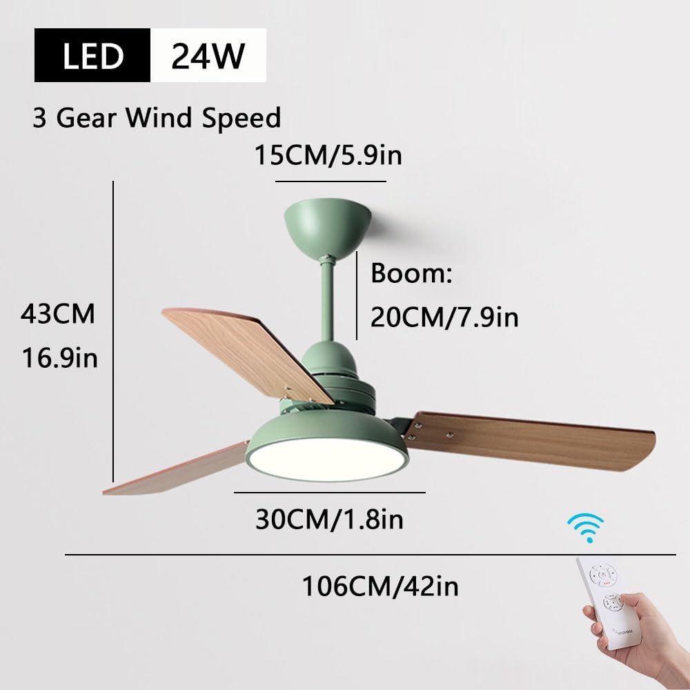 Modern Quiet 42in Ceiling Fan With Light 6 Gear Wind Speed Remote Ceiling Fans Indoor LED Green Ceiling Lights Fan Lighting Plywood Fan Blades For Living Room Dining Room Bedroom