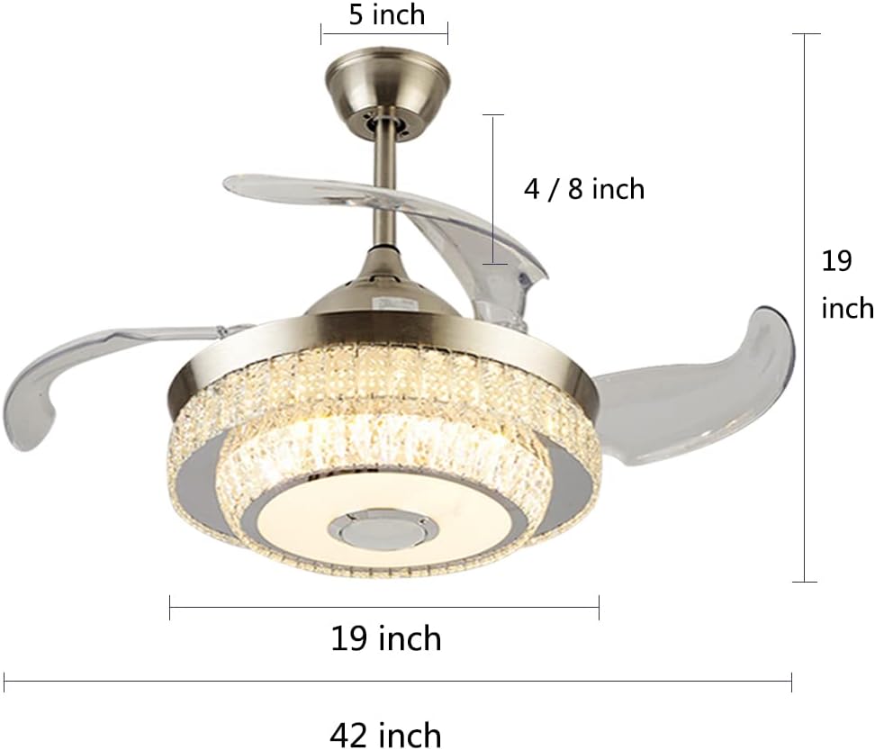 42 inch Bluetooth Ceiling Fan with 7 Colorful Dimmable, Retractable Crystal Chandelier Fans with Remote Control 3 Lights Level and 3 Speed for Bedroom Living Room