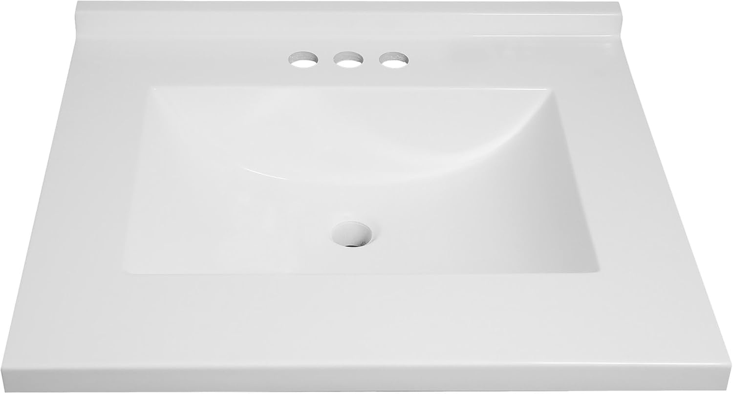 Design House Camilla II Vanity Top, Cultured Marble, Centerset Mount, Integrated Backsplash, Stain Resistant, Rectangle Bowl, White, 22 in D x 22 in W x 8.6 in H, Item 630210