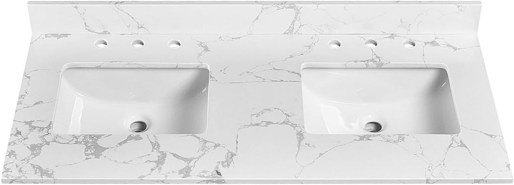 48'x22' Vanity Top with Sink, Engineered Stone Vanity Top with Rectangular Undermount Ceramic Double Sink, 8 Inch Faucet Hole Spacing with Backsplash Countertops for Bathroom