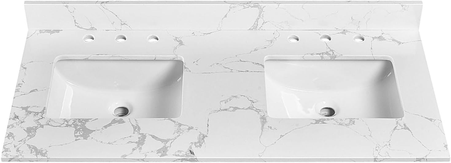48'x22' Vanity Top with Sink, Engineered Stone Vanity Top with Rectangular Undermount Ceramic Double Sink, 8 Inch Faucet Hole Spacing with Backsplash Countertops for Bathroom