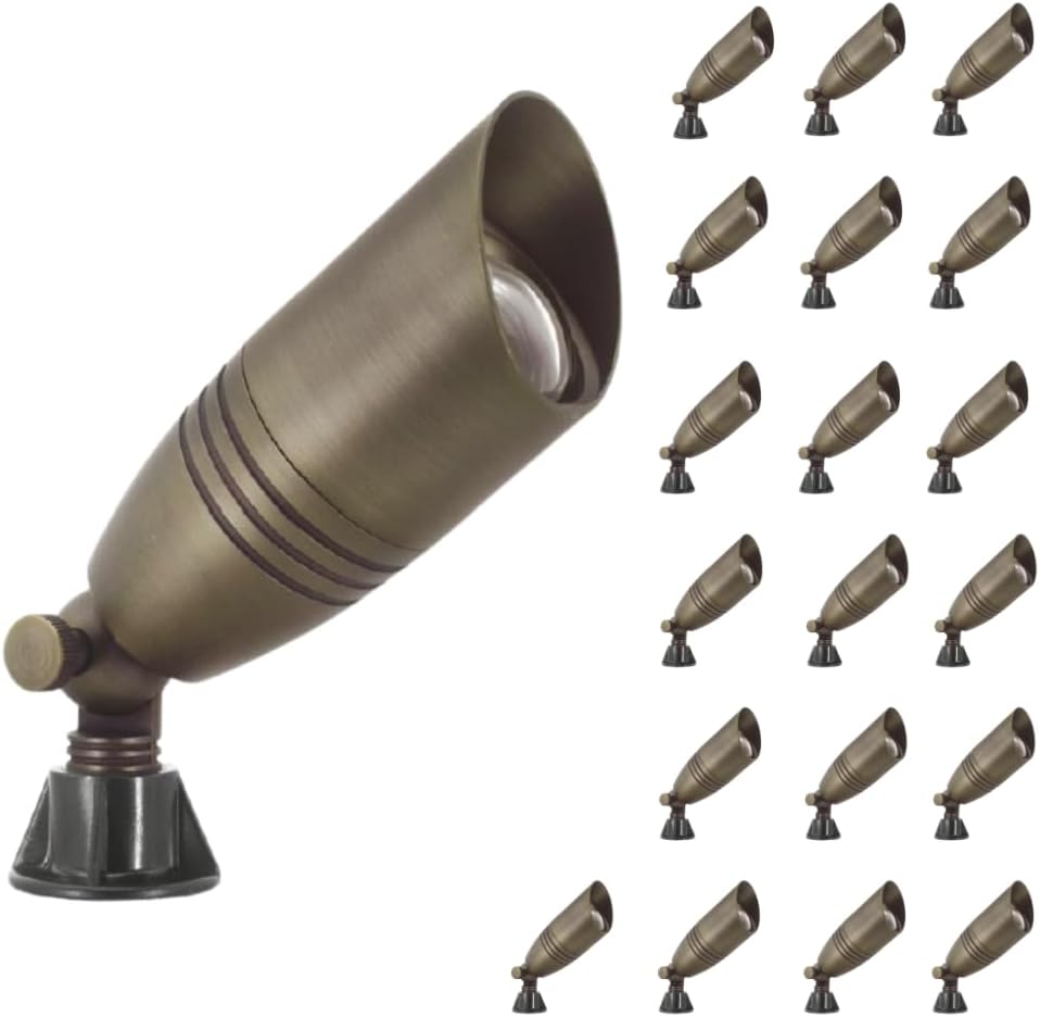 GLE Premium Brand Antique Brass Landscape Spotlights - 12 Volt - Outdoor Uplight LED, Wired Spot Lights IP65 Waterproof, Antique Bronze for Exterior Garden Yard Tree House Without MR16 Bulb (20 Pack)