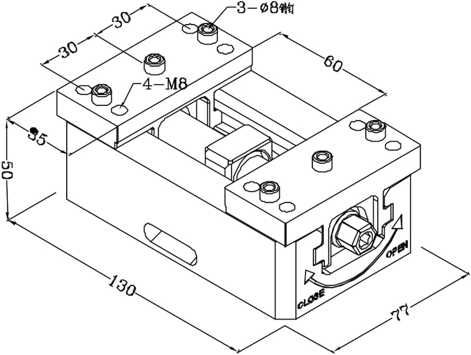 5.1 Inch (H77-L60) CNC Self Centering Vise, With an opening of 2.3 Inch, can be added with jaws for clamping according to the workpiece.