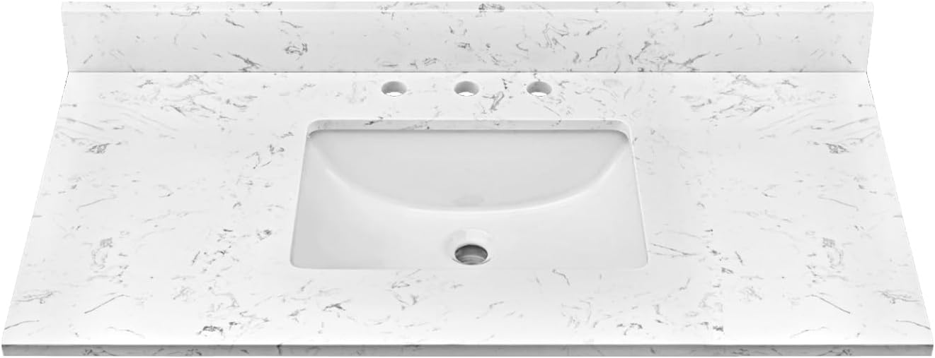 42'x22' Engineered Stone Bathroom Vanity Top with Rectangular Undermount Ceramic Middle Sink, 8 Inch Faucet Hole Spread with Backsplash Bathroom Vanity Sink Top (Cabinet Not Included)