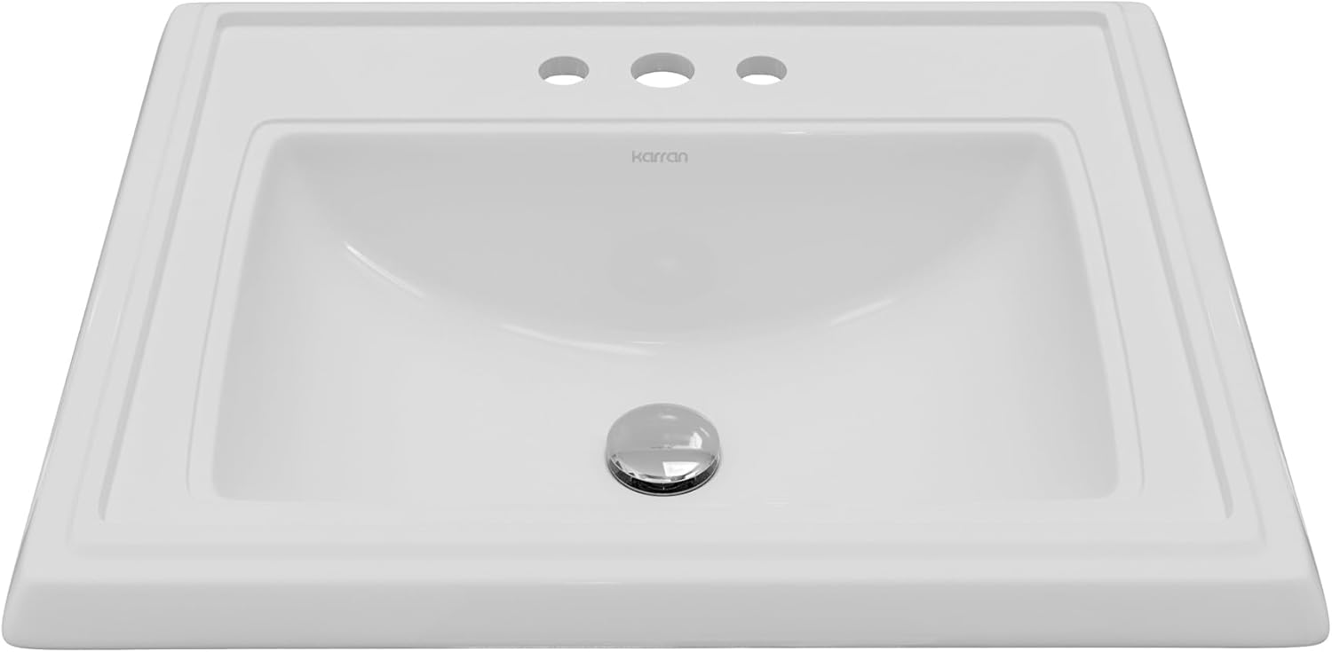 Karran Valera Top-Mount Bathroom Sink – Deep Rectangular Vitreous China Drop-In Vanity Basin in White with Overflow – VC-208-WH