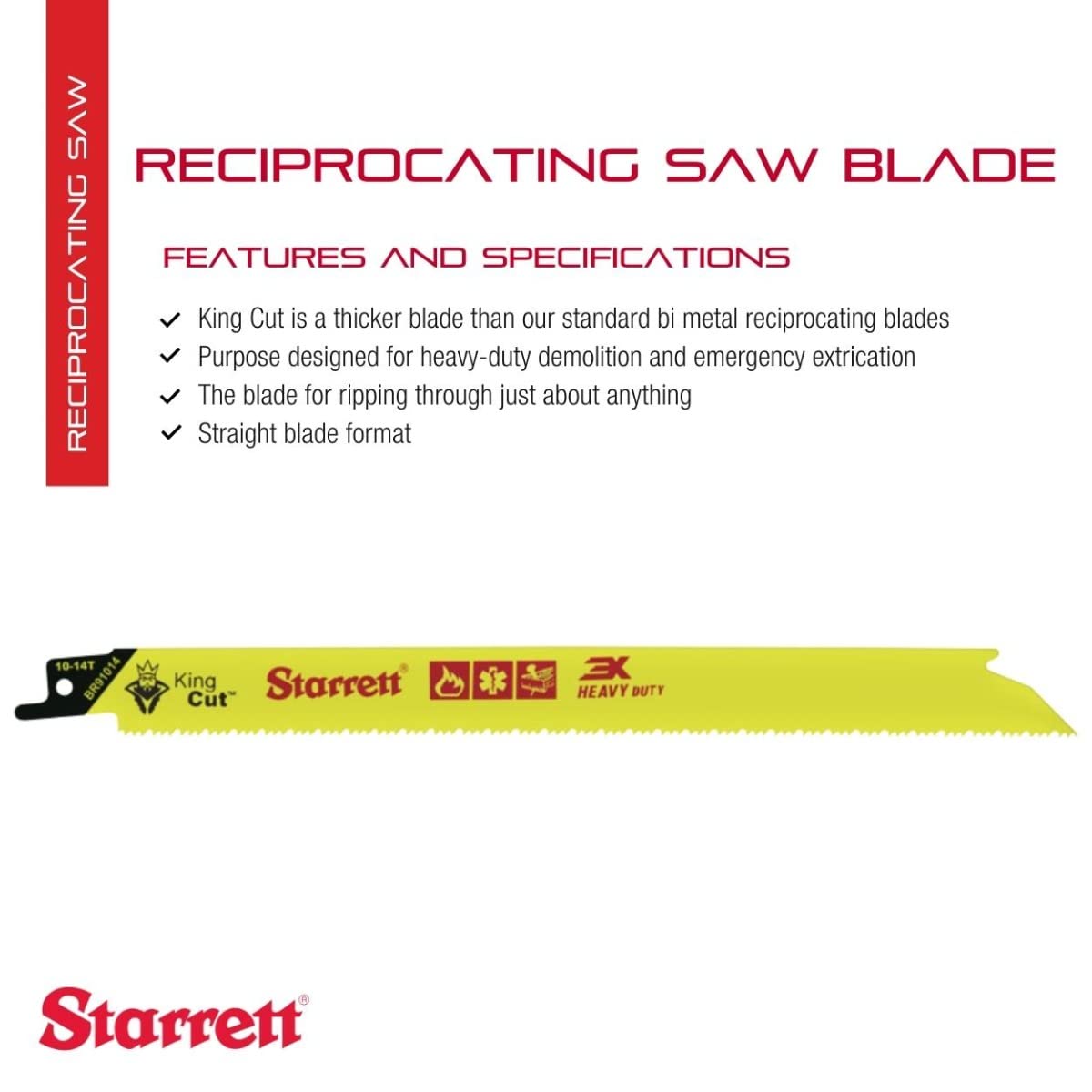 Starrett Bi-Metal King Cut Fire Rescue and Demolition Reciprocating Saw Blade - 9' Length, 3/4' Width, 0.50' Thickness, Straight Shape, 10-14 TPI - 50-Pack - BR91014-50