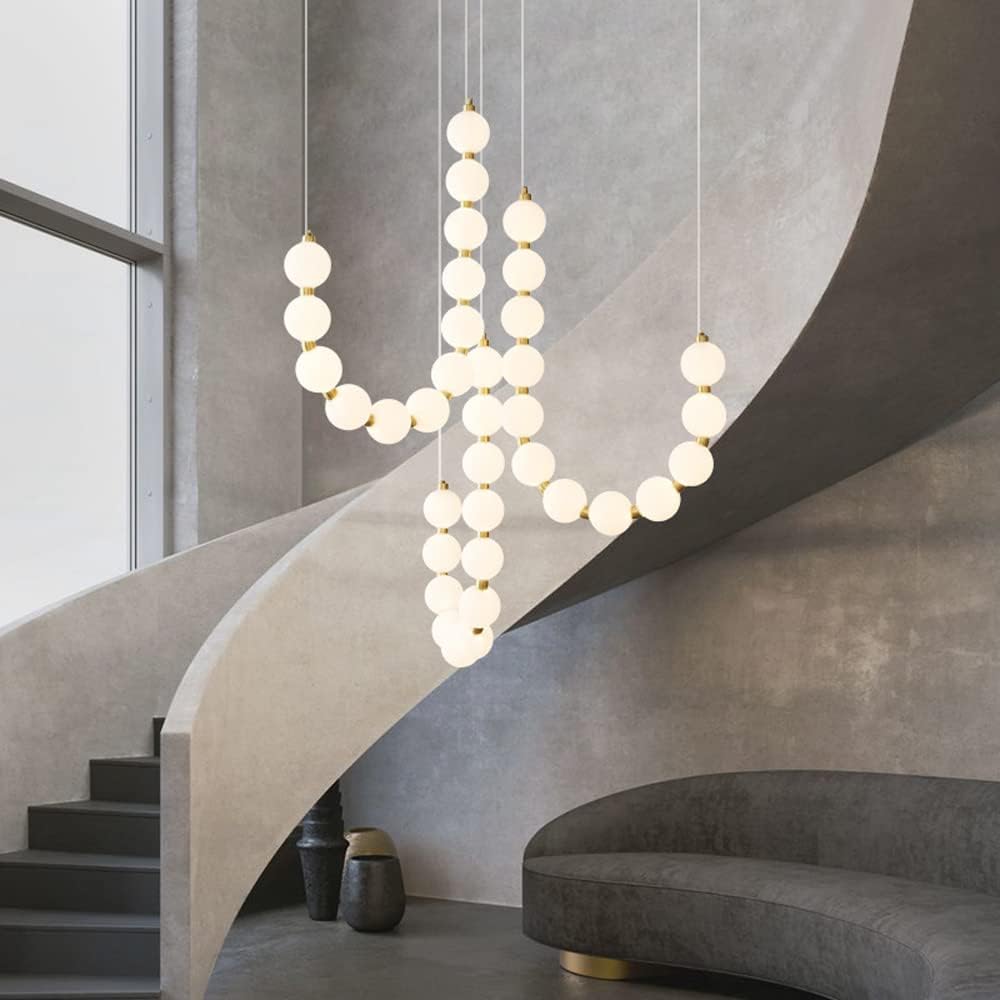 135W LED Indoor Home Decor Staircase Chandelier for Entrway Lights Dimmable Ball Pendant Light in Brass Finish 3 Lights Hight Ceiling Fixtures for Living Room Loft