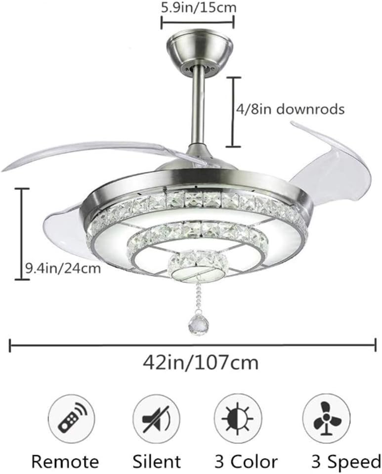 42 Inch LED Crystal Ceiling Fan Light with Remote Control, 3 Color Change 3 Speed Retractable Ceiling Fandelier Lighting for Livingroom Diningroon Bedroom
