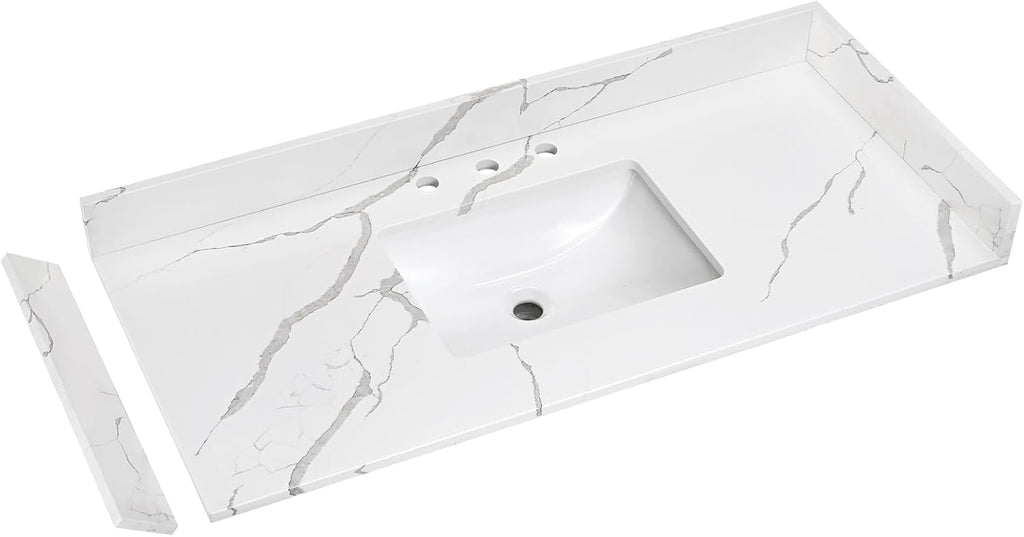 48 in.W x 22 in.D Quartz Calacatta River Vanity Top,with Undermount Single Middle Sink Vanity Top,with Two Sidesplash & One Backsplash,8 Inch Faucet Hole Spread Bathroom Vanity Sink Countertop