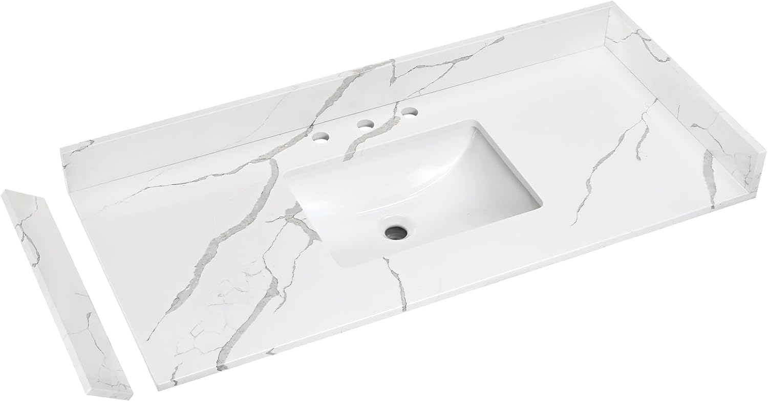 48 in.W x 22 in.D Quartz Calacatta River Vanity Top,with Undermount Single Middle Sink Vanity Top,with Two Sidesplash & One Backsplash,8 Inch Faucet Hole Spread Bathroom Vanity Sink Countertop