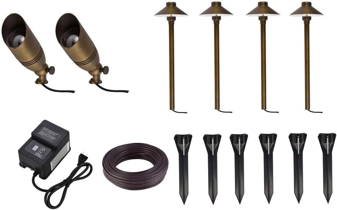 Pemberly Row Landscape Lighting Starter Kit, Set of 6, Antique Brass Finish, Includes Spotlights, Path Lights, Transformer with Timer, 100 ft Wire, Die-Cast Brass Corrosion-Resistant Outdoor Lighting