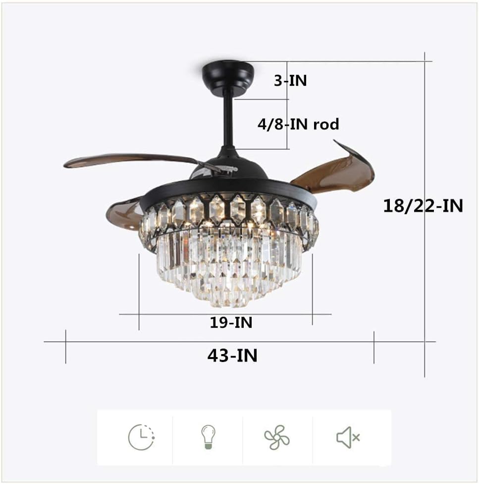 Fandian 42' Modern Crystal Ceiling Fan with Lights Black Retractable Fandelier Remote Control Fixtures, 3 Color Changes Luxury Lighting for Dining Room, Living Room