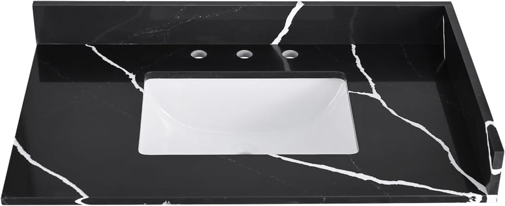36 in. W x 22 in D Quartz Vanity Top in Black Marquina,with One Sidesplash & One Backsplash, Vanity Sink Top with Assembled Single Drop-in Sink, Pre-Drilled 8 Inch Faucet Hole Countertop
