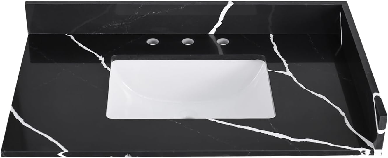 36 in. W x 22 in D Quartz Vanity Top in Black Marquina,with One Sidesplash & One Backsplash, Vanity Sink Top with Assembled Single Drop-in Sink, Pre-Drilled 8 Inch Faucet Hole Countertop