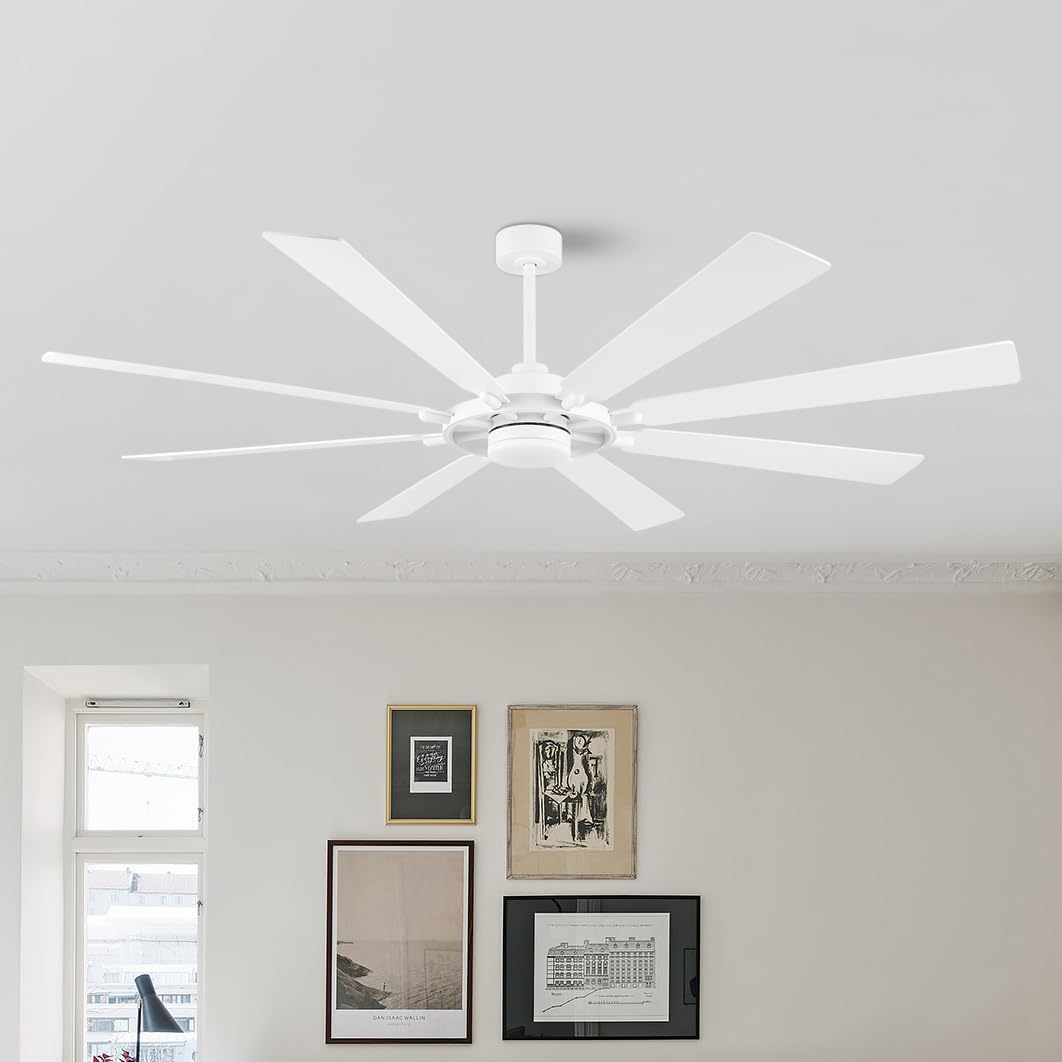 ELEHINSER 80 Inch Ceiling Fan with Lights and 3 Downrods, 8 Plywood Blades, 6-Speed Noiseless Reversible DC Motor, 3CCT, Windmill Ceiling fan for Kitchen Bedroom Living Room, Gloss White