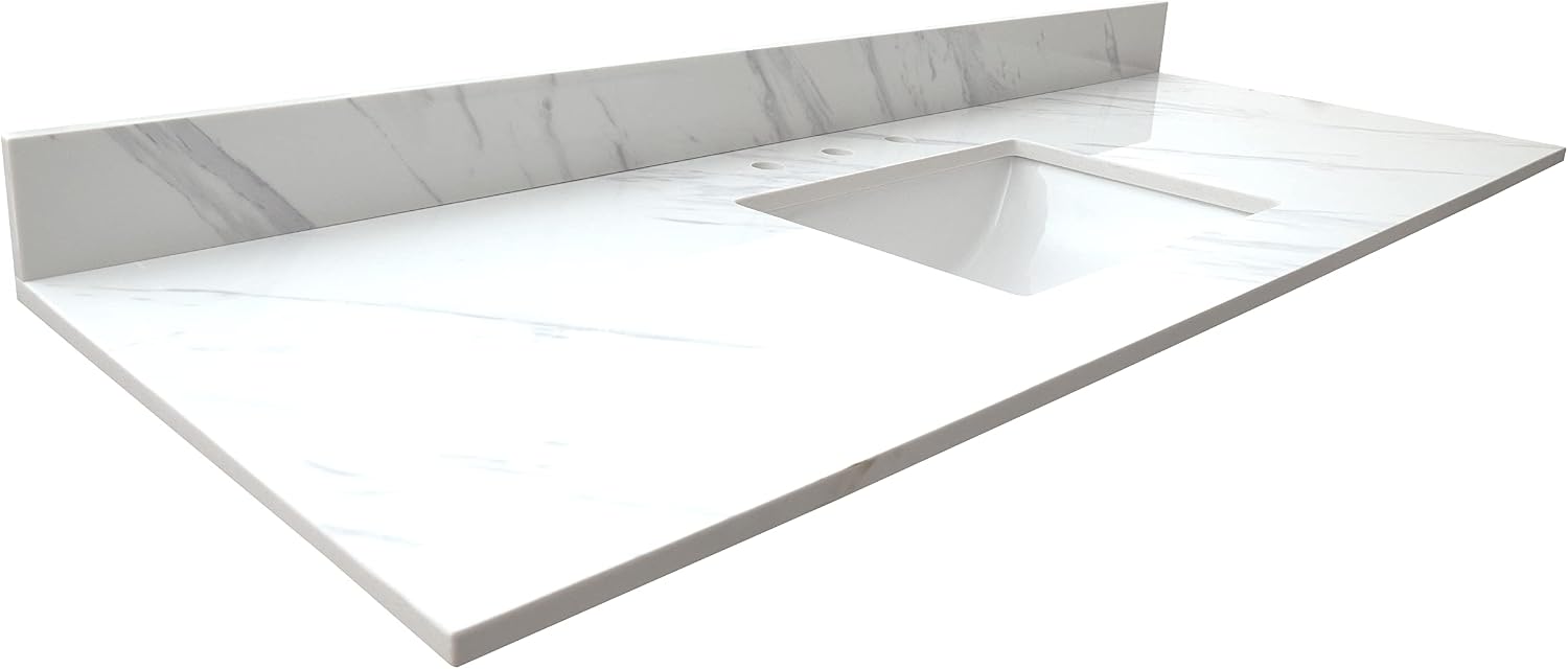 MSI Calacatta Lumas Vanity Top with Under Mount Rectangle Single Bowl Ceramic Sink, Engineered Marble Stone, 4' CC Faucet Holes, 61'X22'