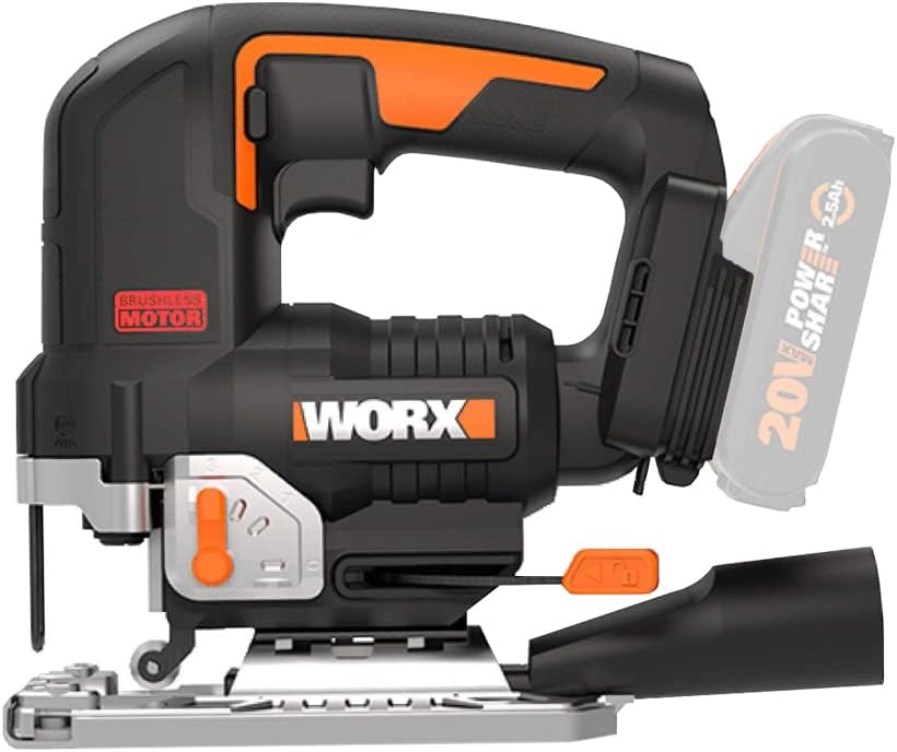 WORX Nitro WX542.9 Cordless Pendulum Stroke Jigsaw 20 V - Brushless Motor - Professional Jigsaw with Suction Adapter - Also Ideal for Mitre Cuts - PowerShare Compatible - Without Battery and Charger