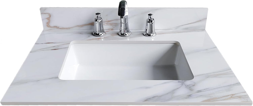 Montary 31'x 22' Bathroom Vanity Sink Top with Rectangular Undermount Ceramic Sink & Backsplash, 3 Pre-Drilled Holes Vanity Top with Safety Overflow Hole