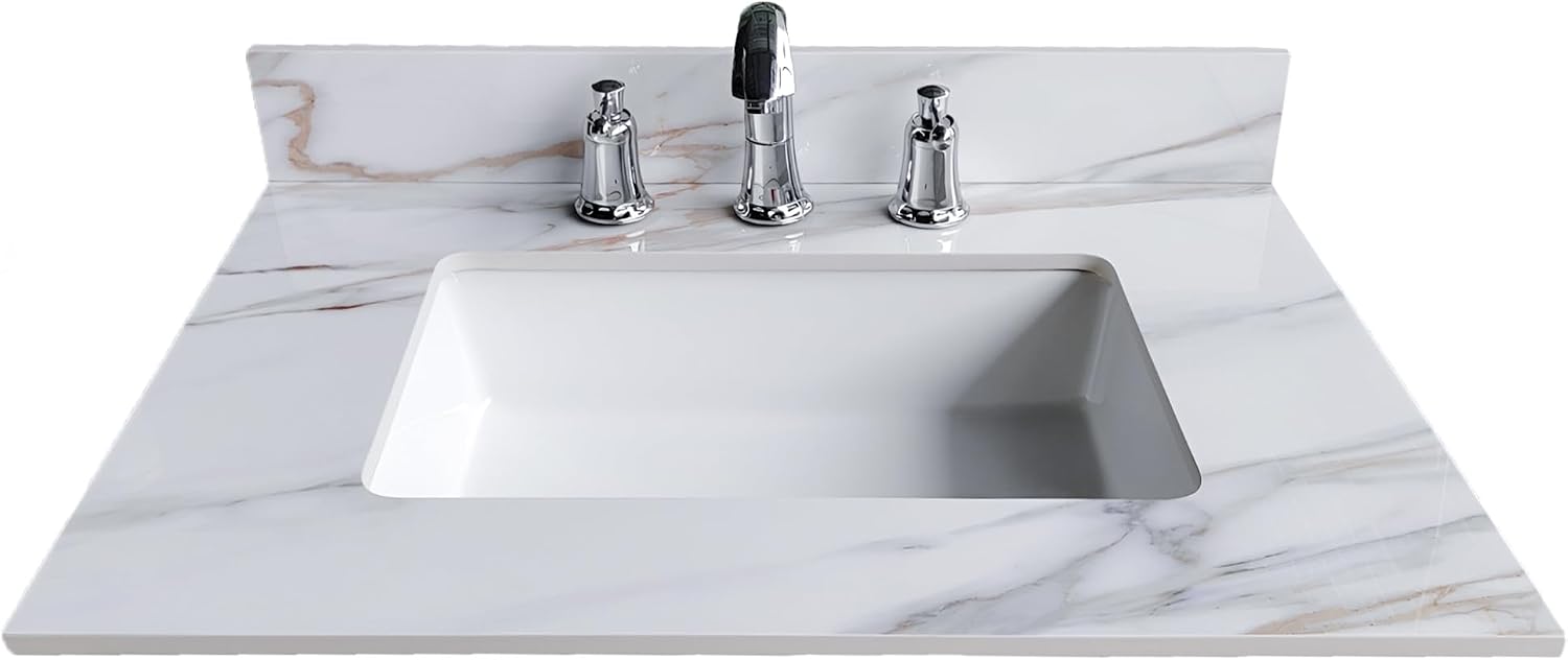 Montary 31'x 22' Bathroom Vanity Sink Top with Rectangular Undermount Ceramic Sink & Backsplash, 3 Pre-Drilled Holes Vanity Top with Safety Overflow Hole