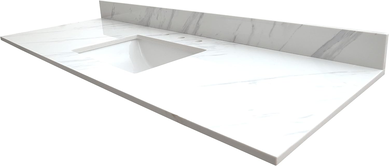 MSI Calacatta Lumas Vanity Top with Under Mount Rectangle Single Bowl Ceramic Sink, Engineered Marble Stone, 4' CC Faucet Holes, 61'X22'