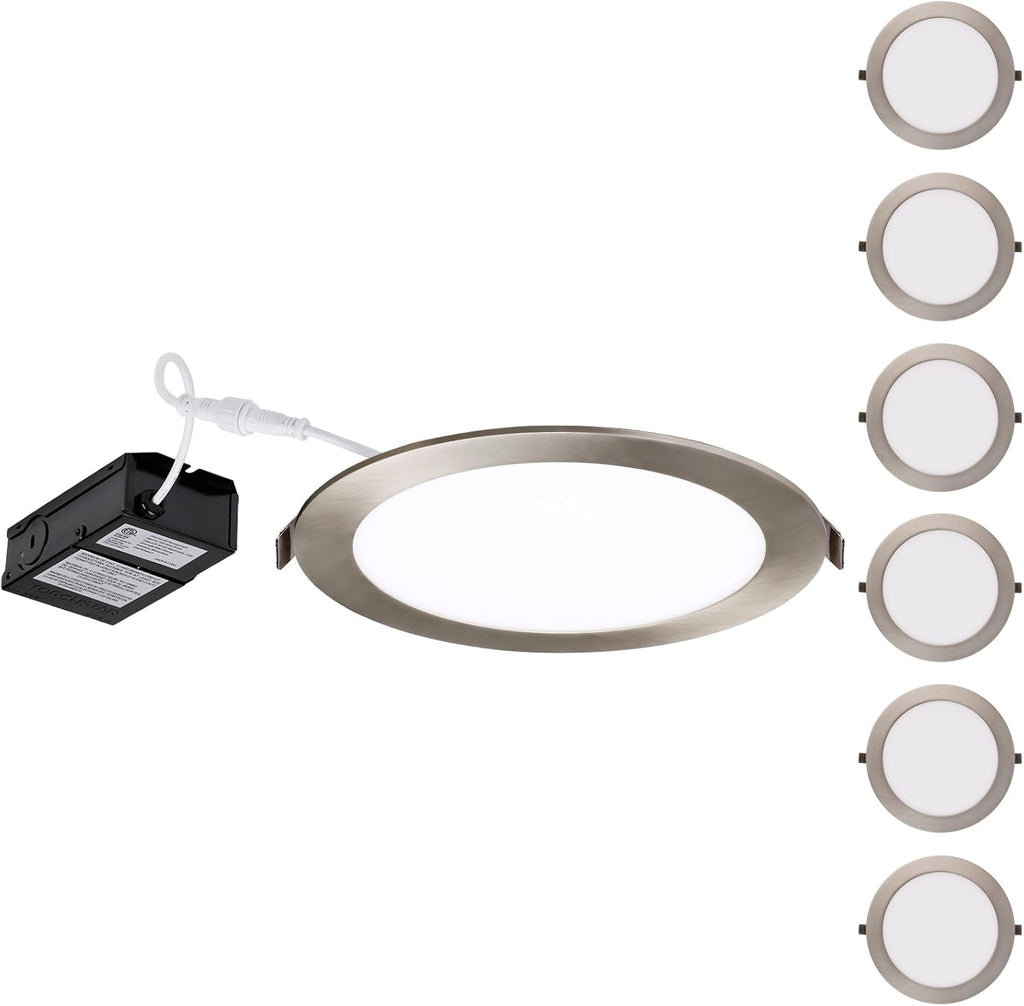 TORCHSTAR E-Lite Series 8 Inch Slim Recessed Lighting with J-Box, 18W Ultra-Thin LED Recessed Light, Dimmable Canless Downlight, ETL&ES Listed, CRI90, 2700K Soft White, Satin Nickel, Pack of 6