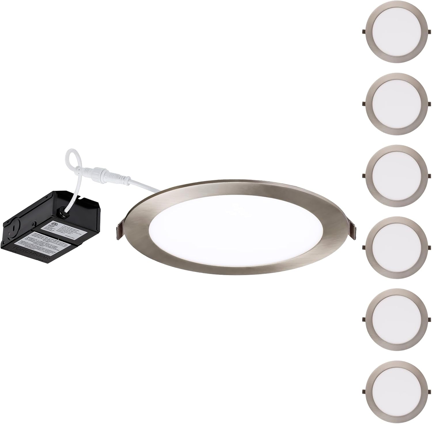 TORCHSTAR E-Lite Series 8 Inch Slim Recessed Lighting with J-Box, 18W Ultra-Thin LED Recessed Light, Dimmable Canless Downlight, ETL&ES Listed, CRI90, 2700K Soft White, Satin Nickel, Pack of 6